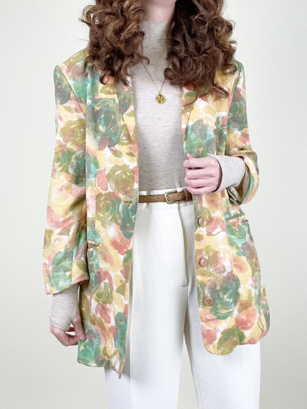 Vintage 80s 90s Linen Floral Print Oversized Blazer Jacket Coat Long Whimsical